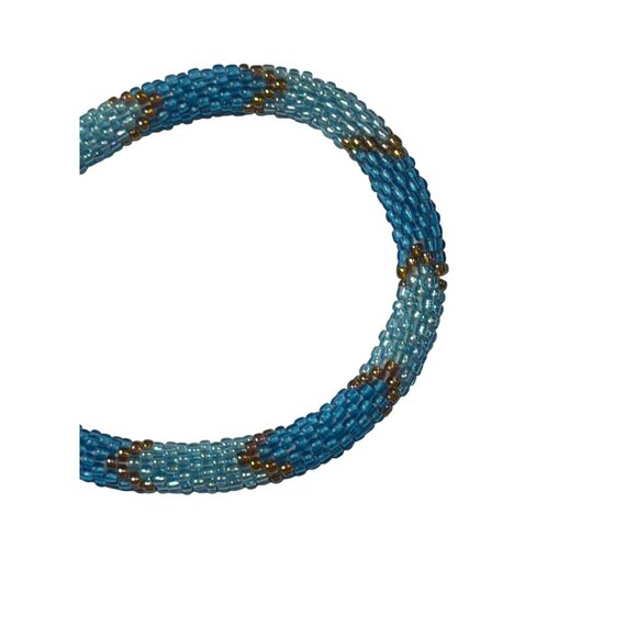 Sashka Bracelet Handmade Boho Chic Crochet Beaded Roll-On Blue Light Blue Gold - Picture 2 of 3